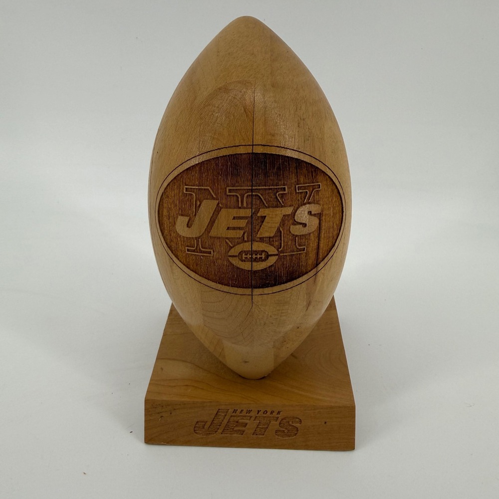 Vintage 1999 New York Jets Wooden Football Trophy Laser Engraved NFL Made in USA
